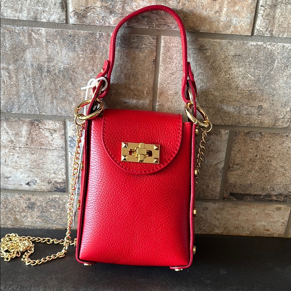 NWT Anna PaolaElegant Red Leather Handbag with Gold Accents